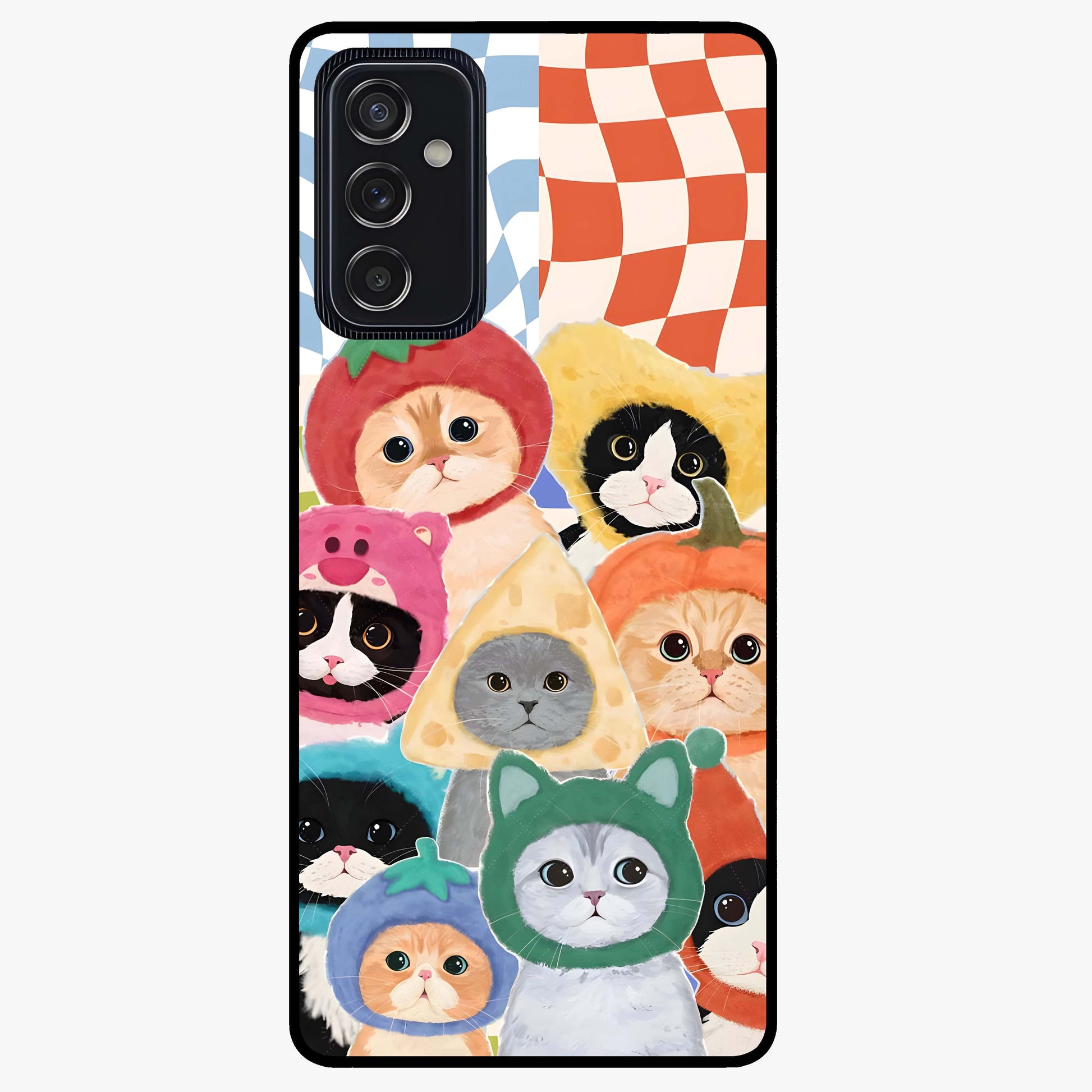 Cats in Fruits Glass Case showing flat back view with playful cat illustrations inside fruit artwork and glossy glass finish.