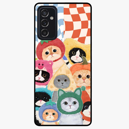 Cats in Fruits Glass Case showing flat back view with playful cat illustrations inside fruit artwork and glossy glass finish.