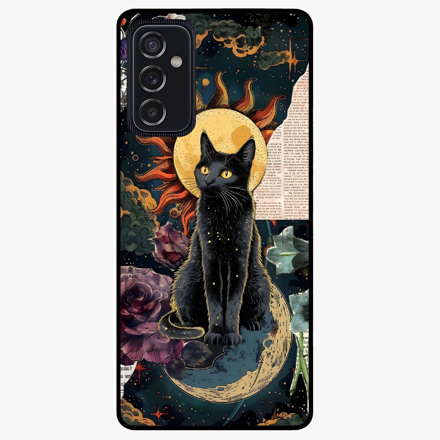 Celestial Black Cat Glass Case showing flat back view with mystical black cat artwork and glossy glass finish.