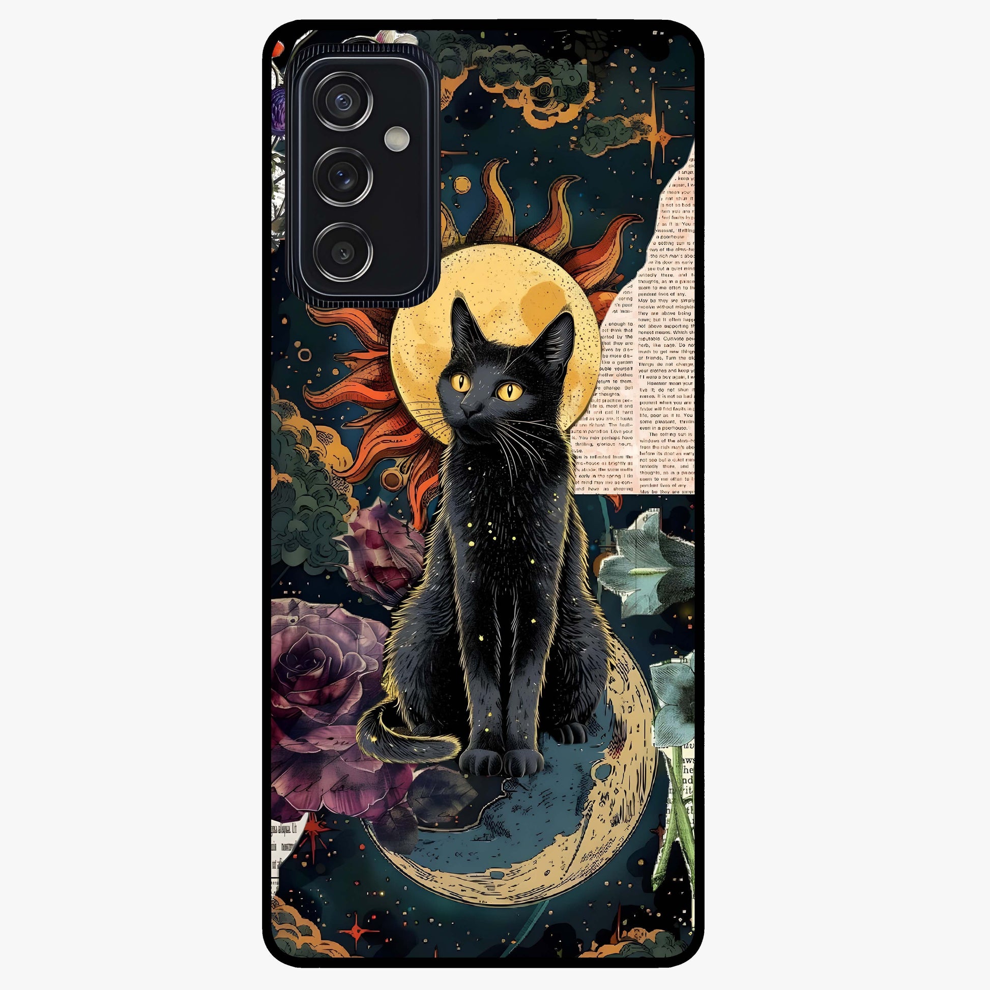 Celestial Black Cat Glass Case showing flat back view with mystical black cat artwork and glossy glass finish.