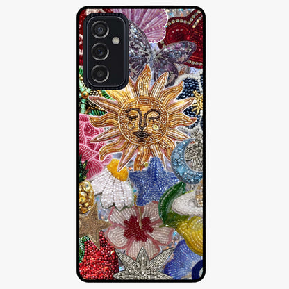 Celestial Floral and Playful Glass Case showing flat back view with floral and celestial themed artwork and glossy glass finish.