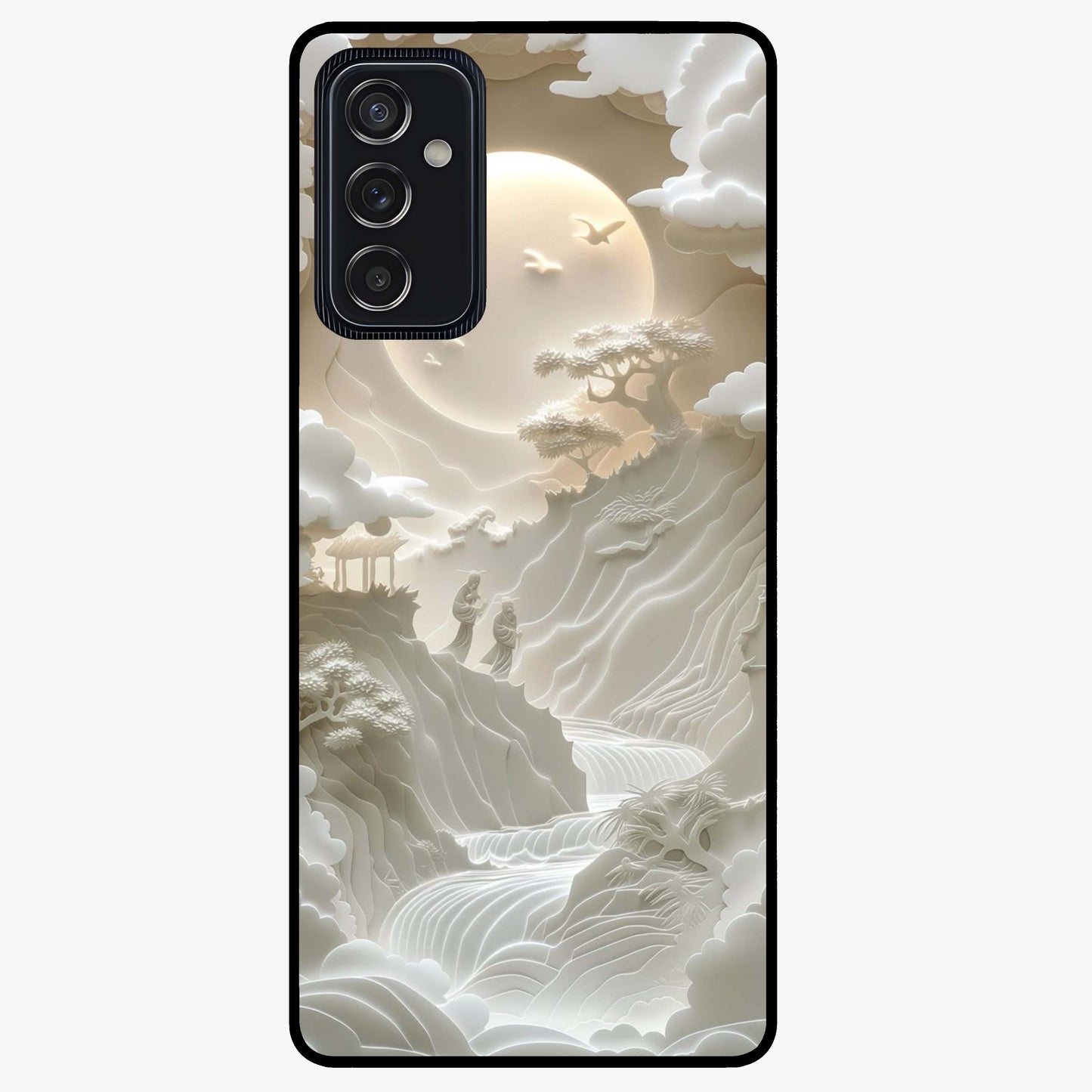 Celestial Origami Glass Case showing flat back view with artistic origami inspired celestial artwork and glossy glass finish.