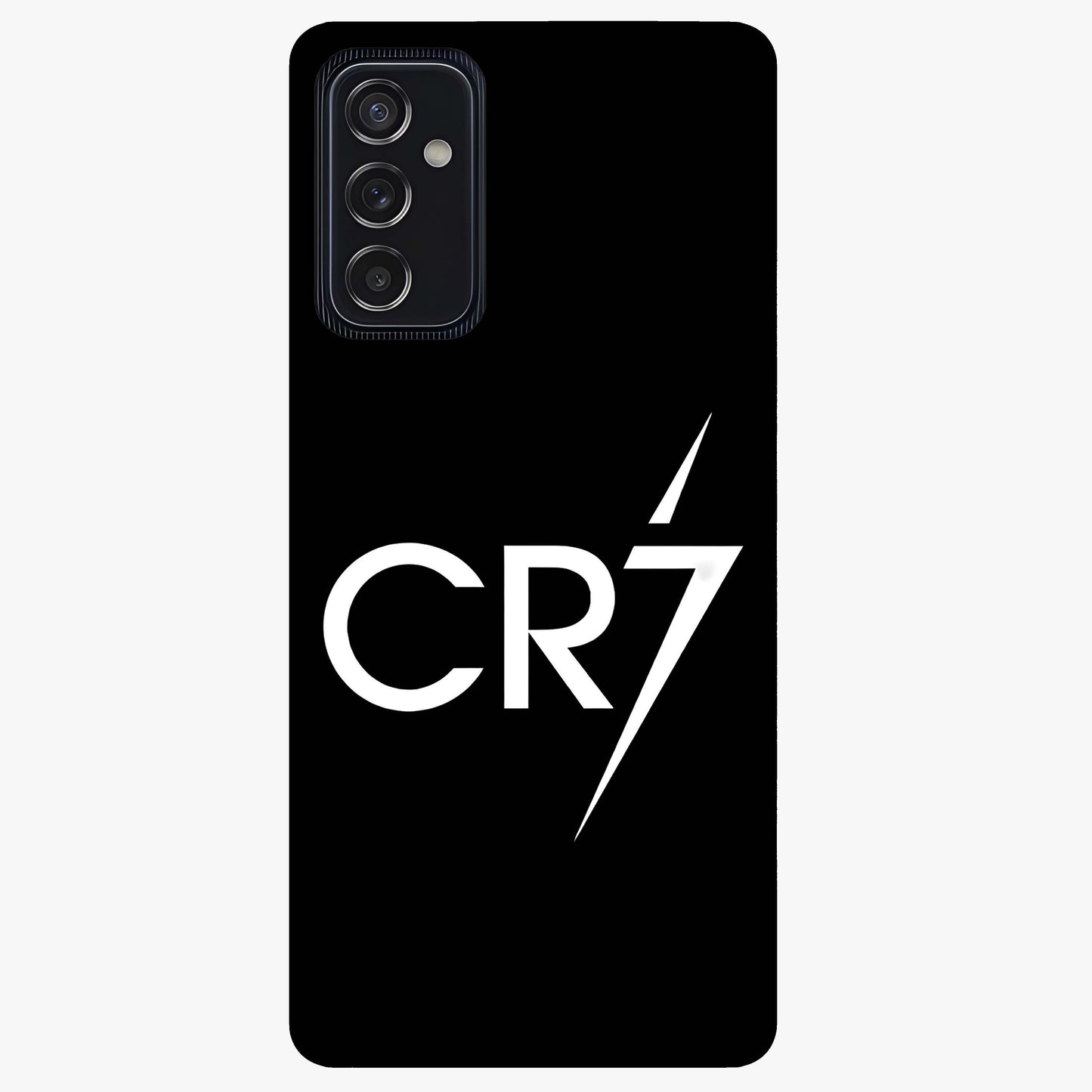 Cr7 Elite Strike Glass Case showing flat back view with dynamic football inspired artwork and glossy glass finish.