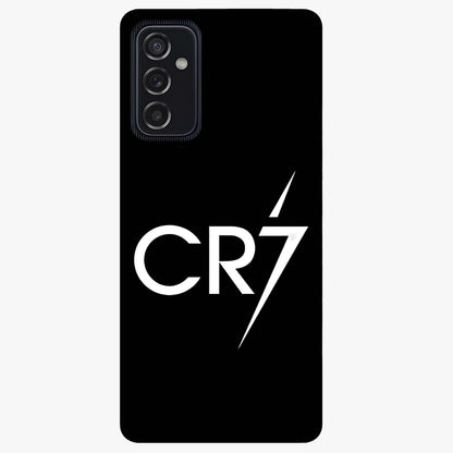 Cr7 Elite Strike Glass Case showing flat back view with dynamic football inspired artwork and glossy glass finish.