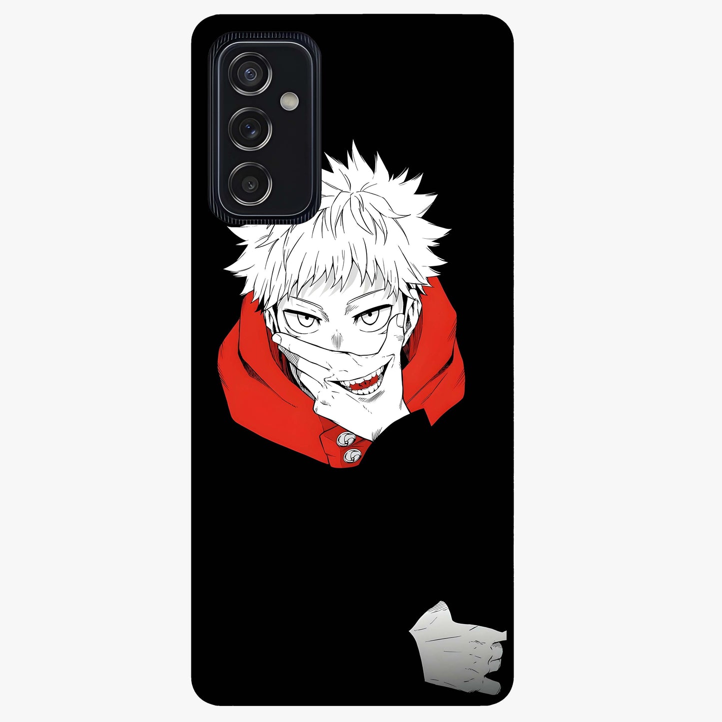 Crimson Chaos Smile Glass Case showing flat back view with bold chaotic smile artwork and glossy glass finish.