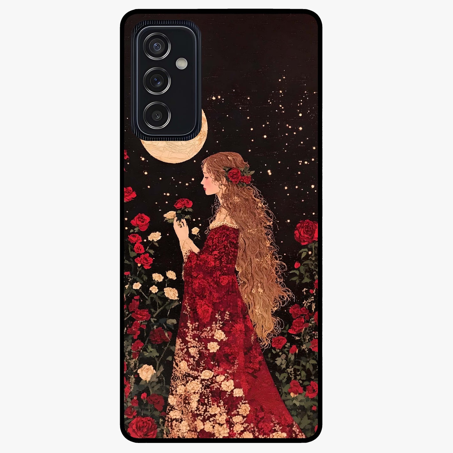 Crimson Dreams Glass Case showing flat back view with dreamy crimson artwork and glossy glass finish.