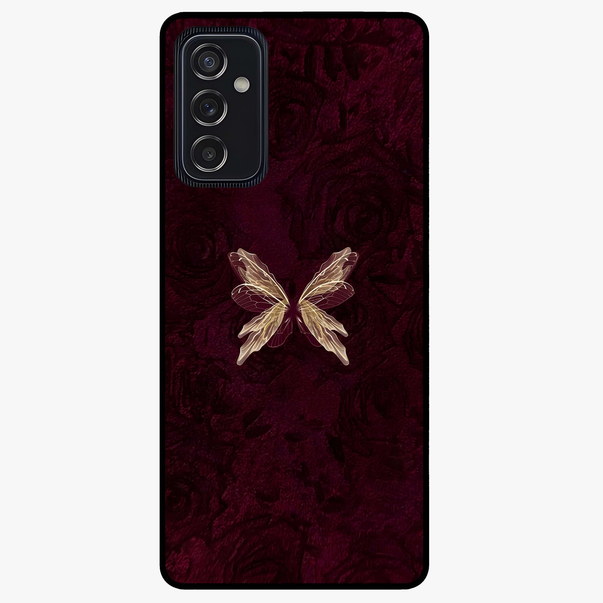 Crimson Fade Butterfly Glass Case showing flat back view with fading butterfly artwork and glossy glass finish.