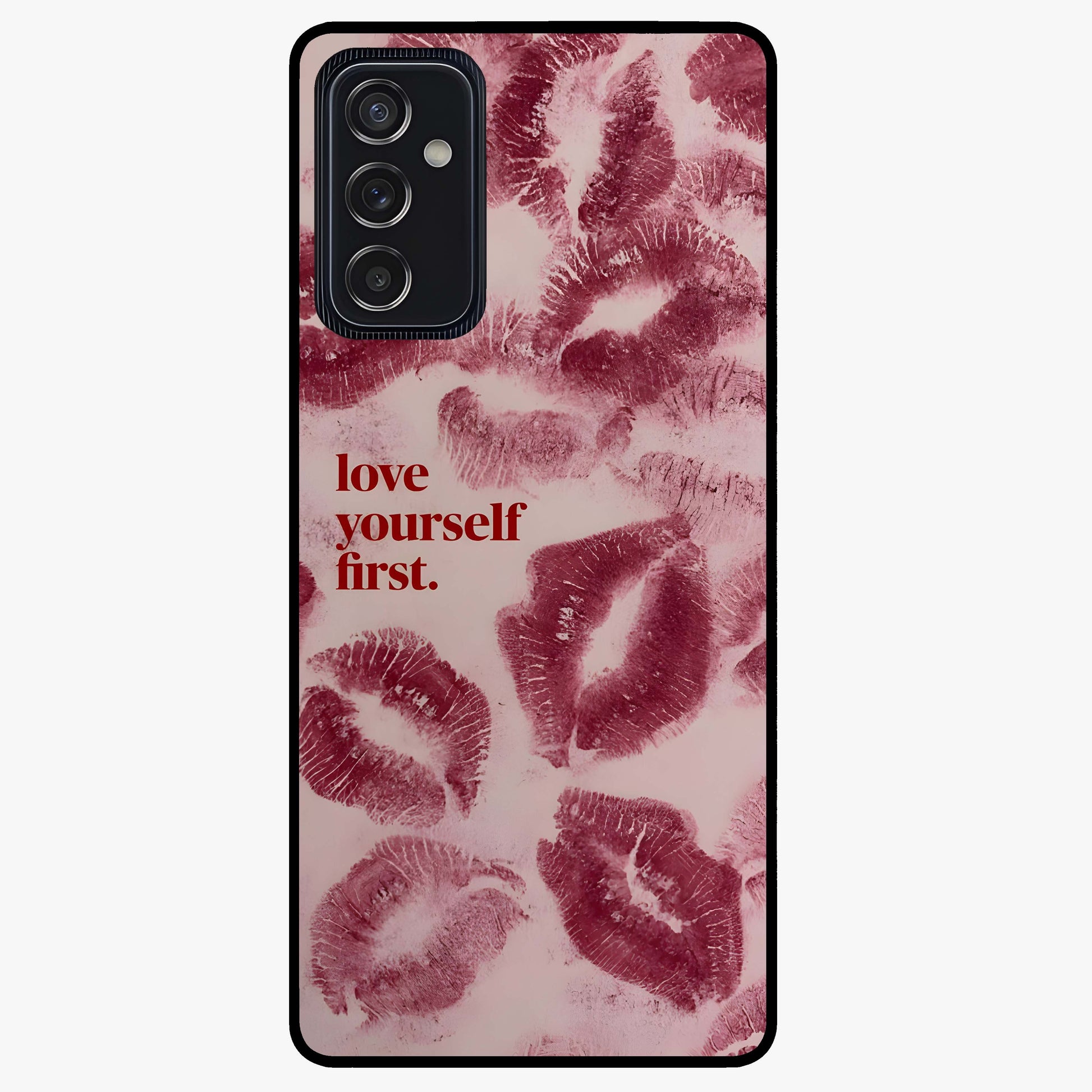 Crimson Kiss Love Glass Case showing flat back view with romantic crimson themed artwork and glossy glass finish.