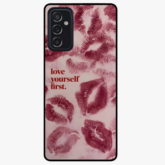 Crimson Kiss Love Glass Case showing flat back view with romantic crimson themed artwork and glossy glass finish.