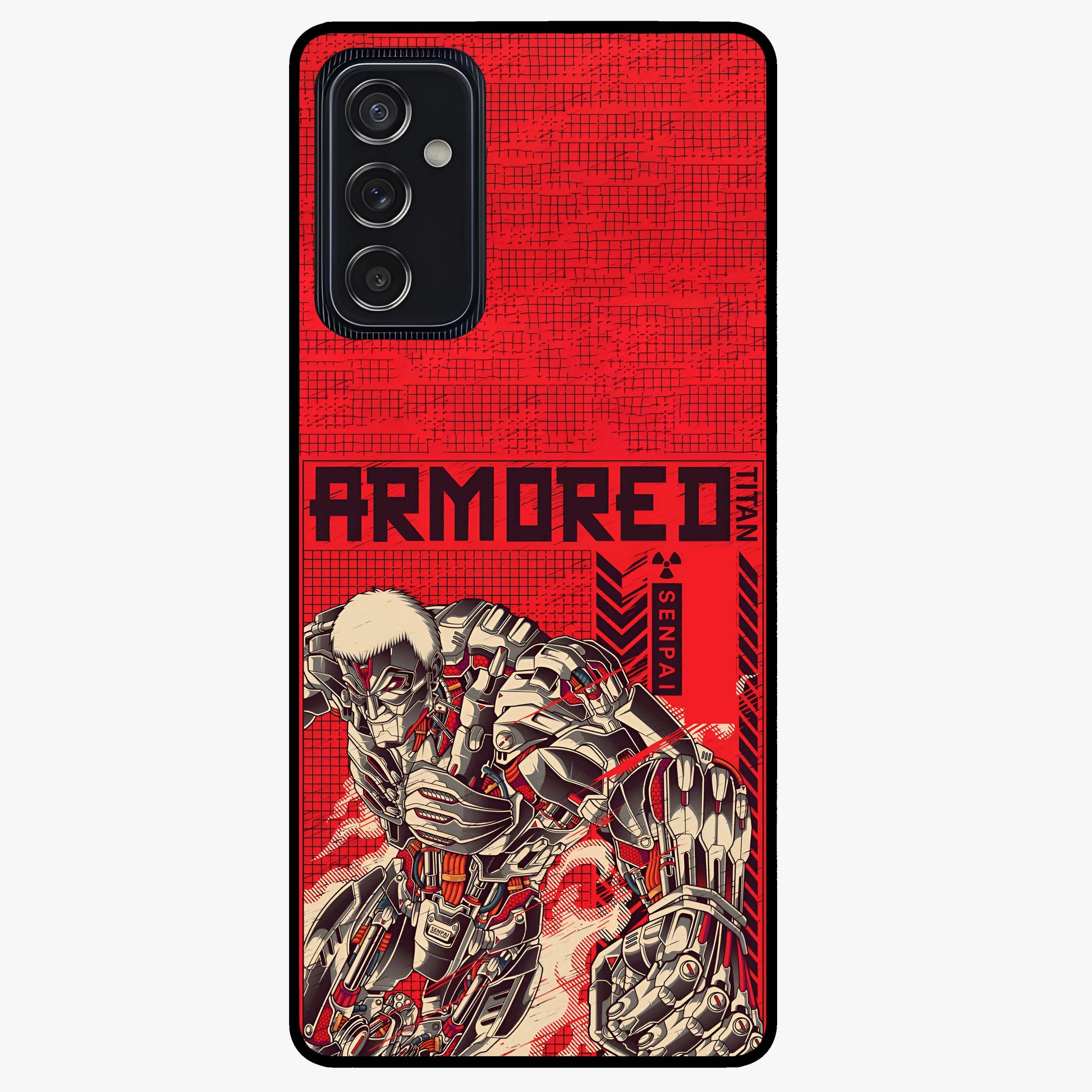Crimson Mecha Titan Glass Case showing flat back view with powerful mech titan artwork and glossy glass finish.