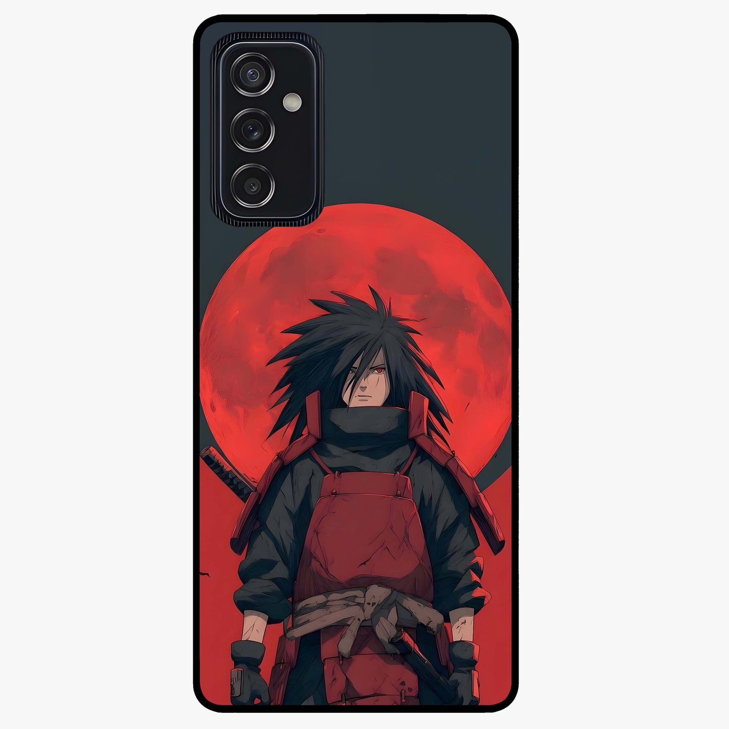 Crimson Moon Warlord Glass Case showing flat back view with mystical moon warrior artwork and glossy glass finish.