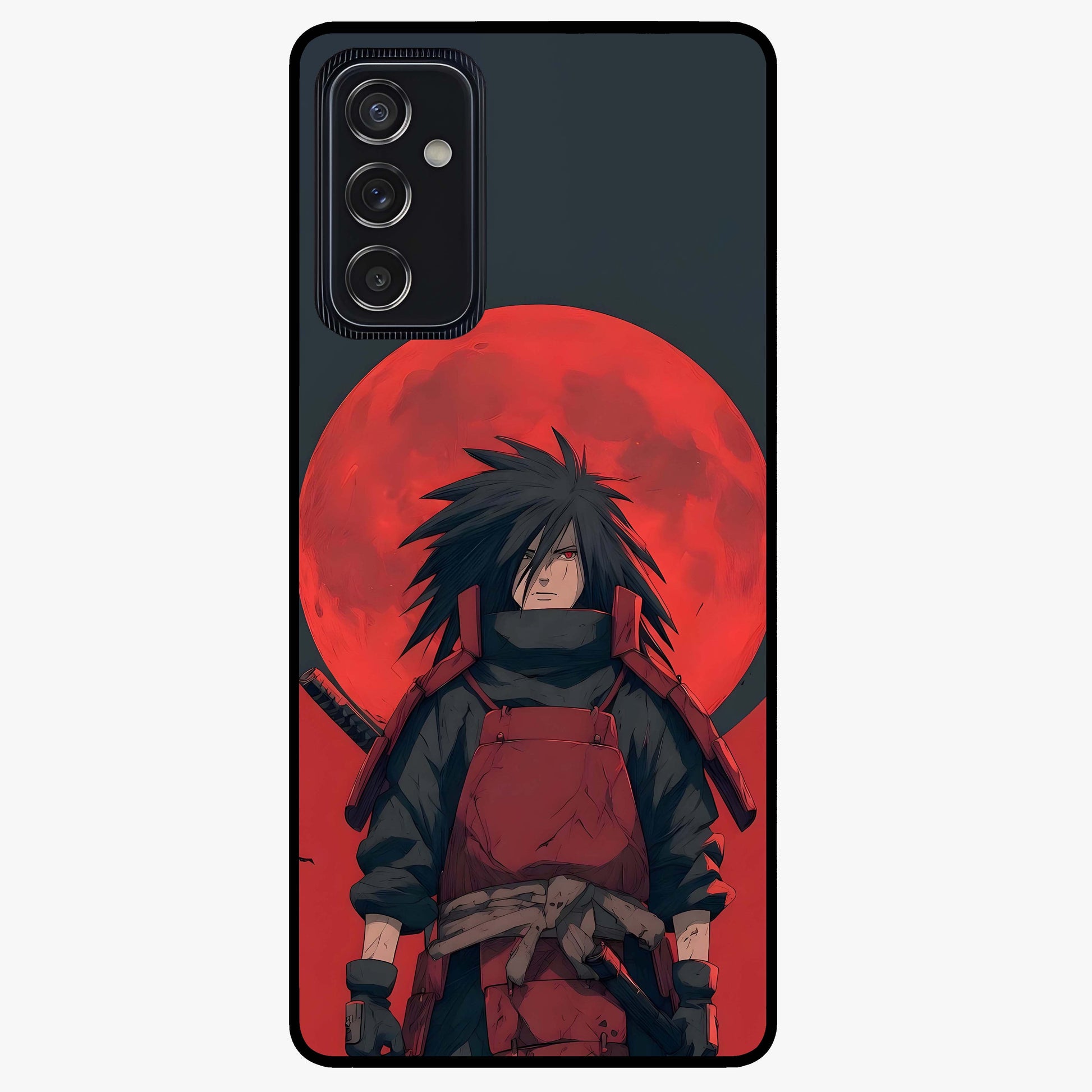 Crimson Moon Warlord Glass Case showing flat back view with mystical moon warrior artwork and glossy glass finish.