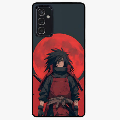 Crimson Moon Warlord Glass Case showing flat back view with mystical moon warrior artwork and glossy glass finish.