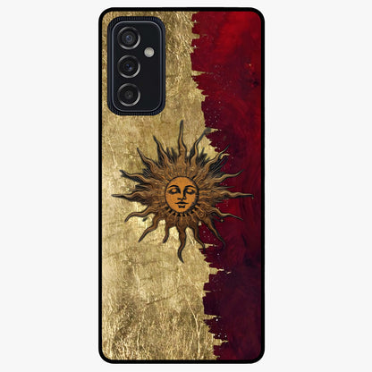 Crimson Sun Majesty Glass Case showing flat back view with radiant sun inspired artwork and glossy glass finish.
