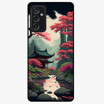 Crimson Temple View Glass Case showing flat back view with temple inspired artwork and glossy glass finish.