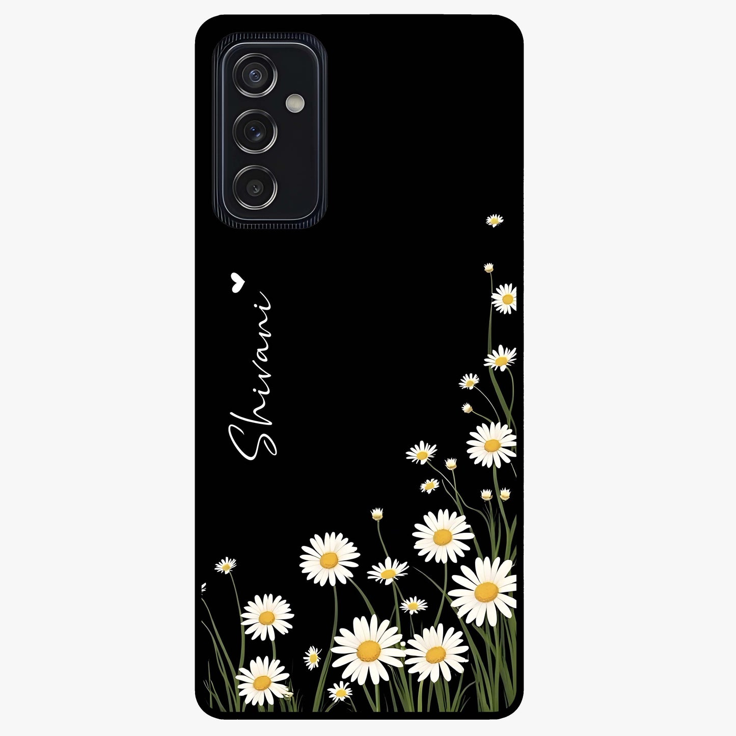 Daisy Cascade Custom Name Glass Case showing flat back view with cascading daisy flowers and personalized name design.