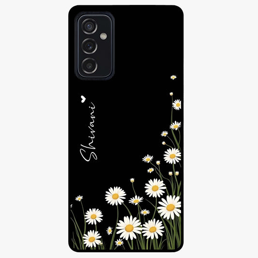 Daisy Cascade Custom Name Glass Case showing flat back view with cascading daisy flowers and personalized name design.