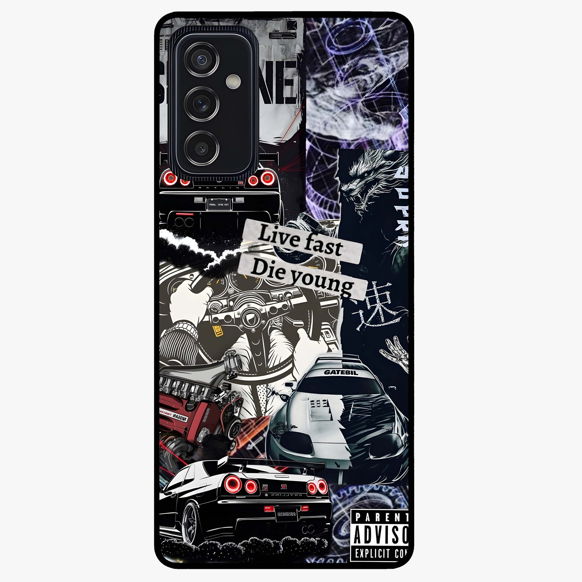 Die Young Glass Case showing flat back view with bold artistic typography design and glossy glass finish.