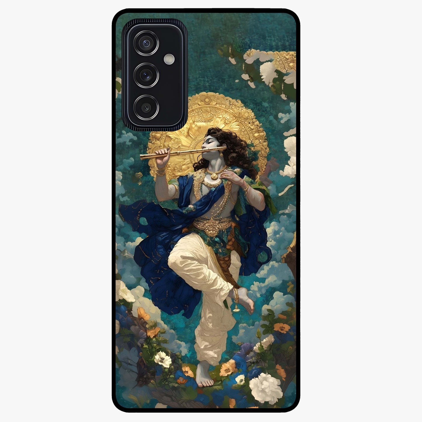 Divine Krishna Art Glass Case showing flat back view with Lord Krishna artwork and glossy glass finish.
