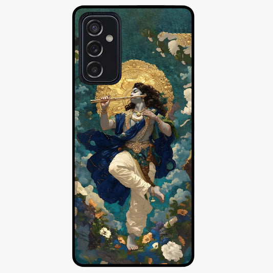 Divine Krishna Art Glass Case showing flat back view with Lord Krishna artwork and glossy glass finish.