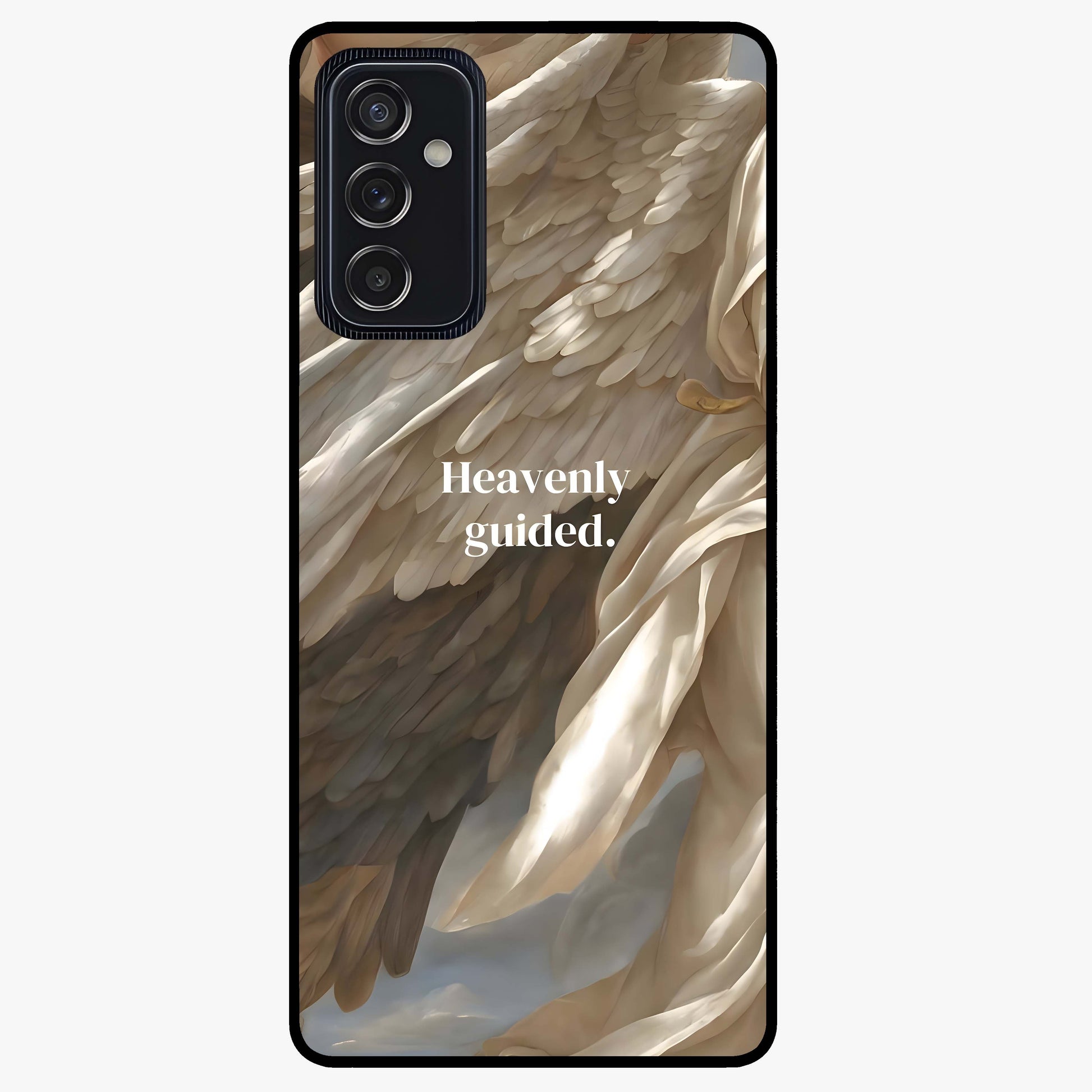 Divine Winged Grace Glass Case showing flat back view with elegant wing inspired artwork and glossy glass finish.