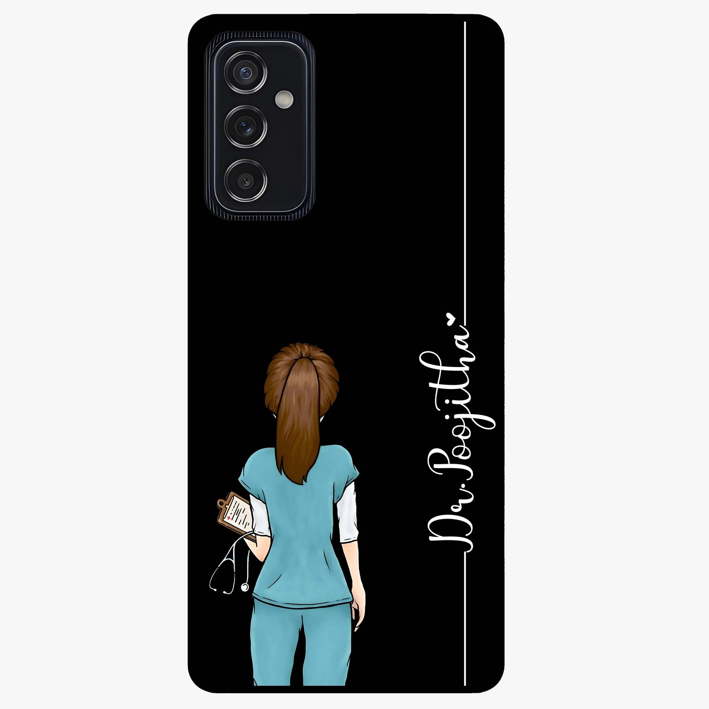 Doctor Pattern Custom Name Glass Case showing flat back view with medical themed pattern and personalized name design.
