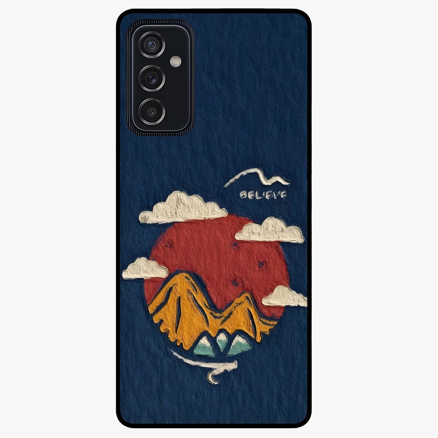 Dream Beyond Mountains Glass Case showing flat back view with scenic mountain landscape artwork and glossy glass finish.
