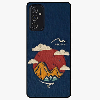 Dream Beyond Mountains Glass Case showing flat back view with scenic mountain landscape artwork and glossy glass finish.