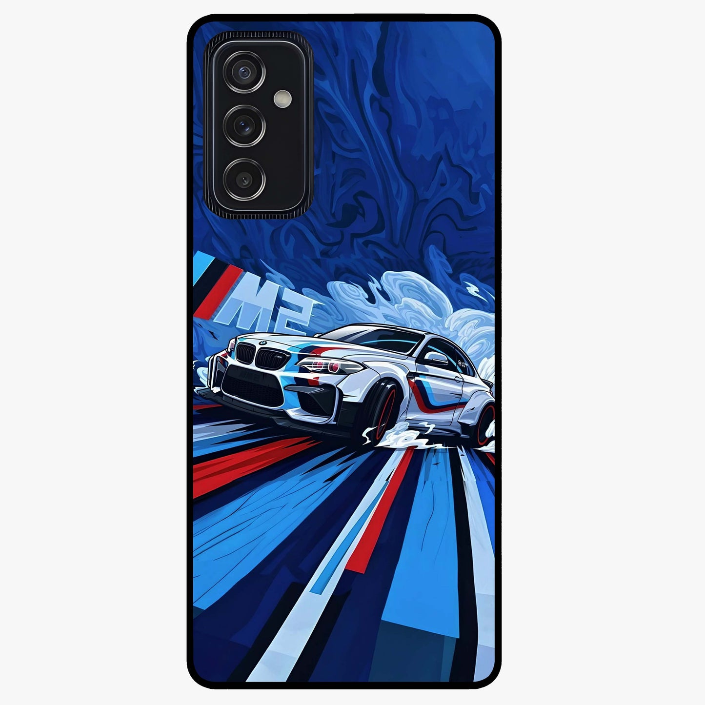 Drift Power Rush Glass Case showing flat back view with dynamic racing inspired artwork and glossy glass finish.