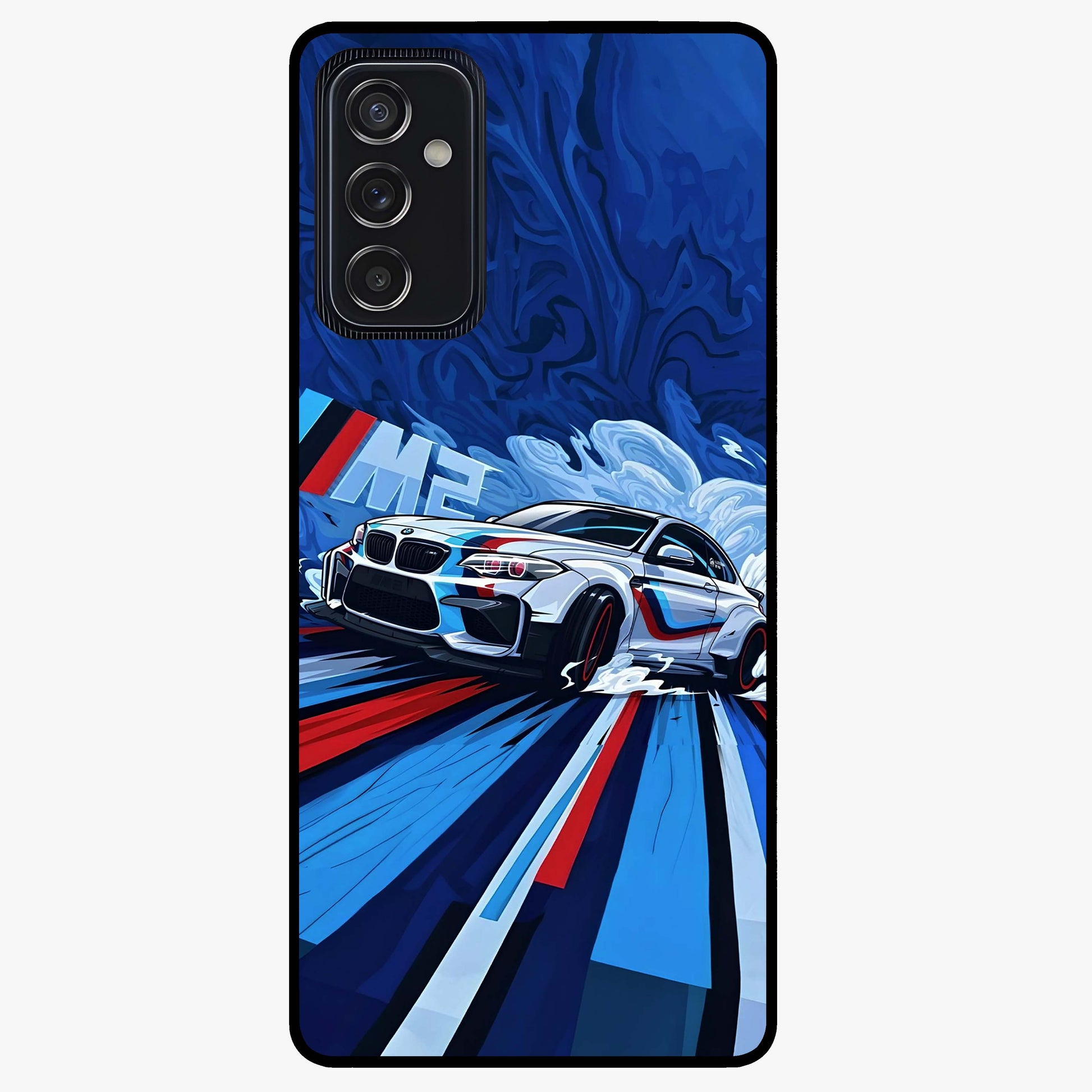 Drift Power Rush Glass Case showing flat back view with dynamic racing inspired artwork and glossy glass finish.