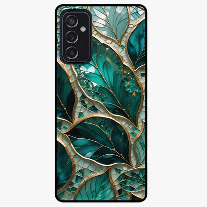 Emerald Leaf Glass Glass Case showing flat back view with emerald green leaf artwork and glossy glass finish.