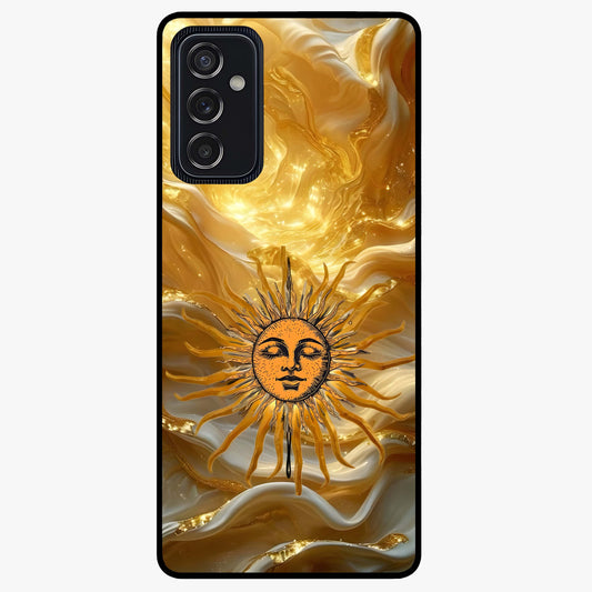 Eternal Golden Glow Glass Case showing flat back view with radiant golden themed artwork and glossy glass finish.