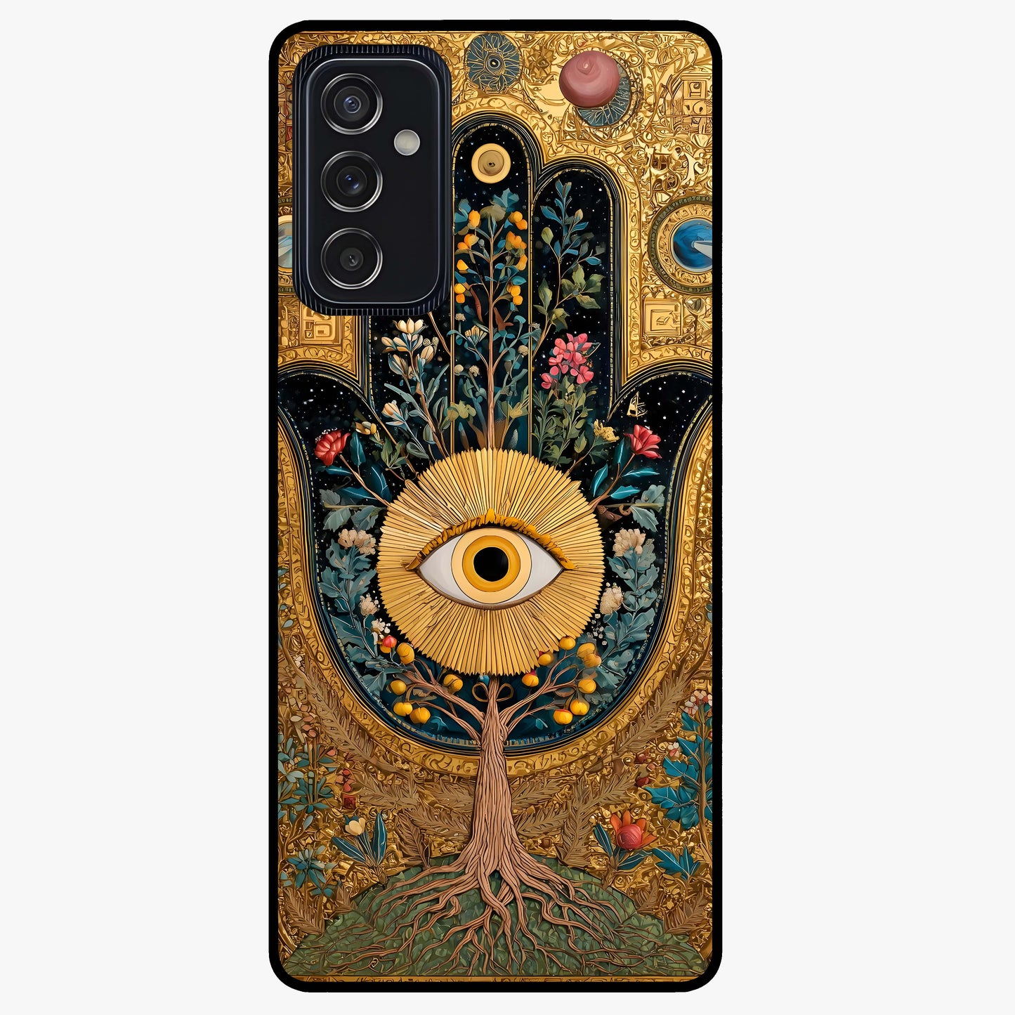 Ethereal Evil Eye Glass Case showing flat back view with mystical evil eye artwork and glossy glass finish.