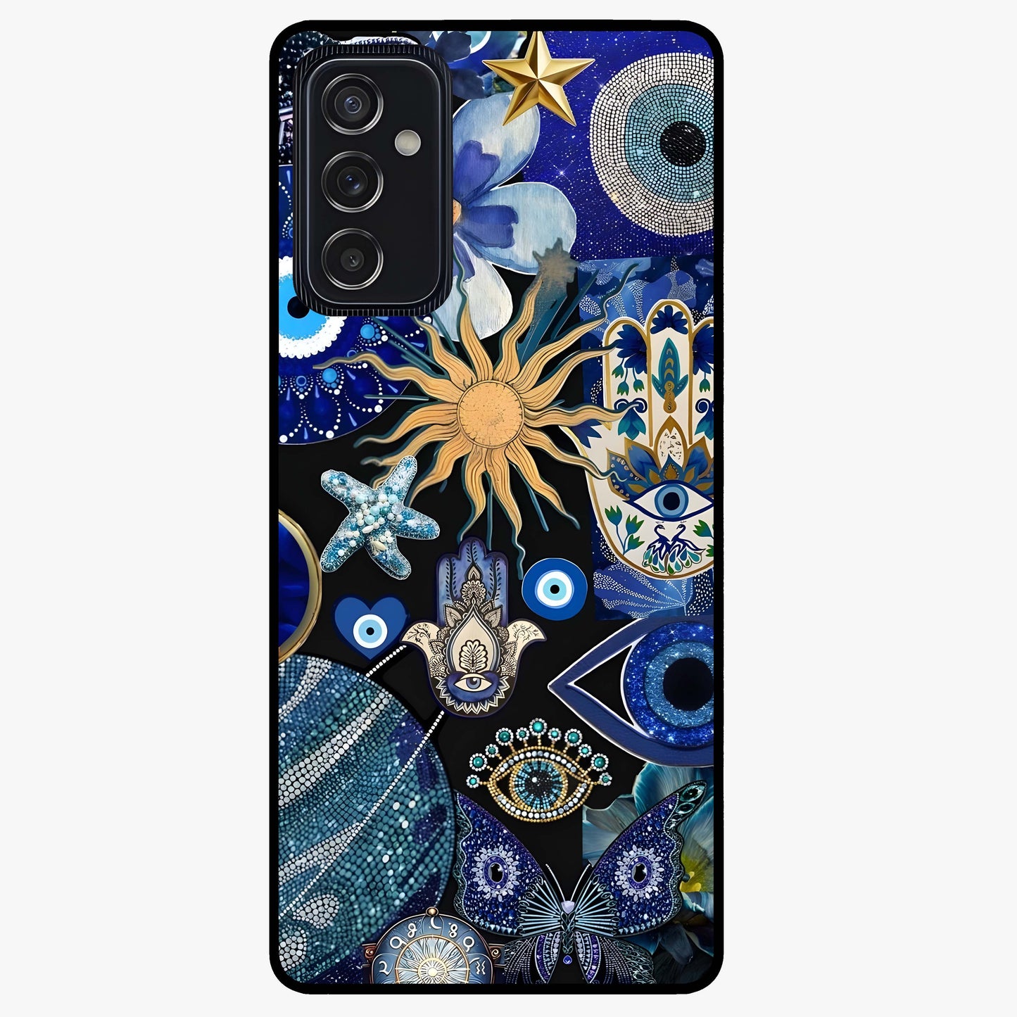 Evil Eye Charm Mix Glass Case showing flat back view with multiple evil eye charms artwork and glossy glass finish.