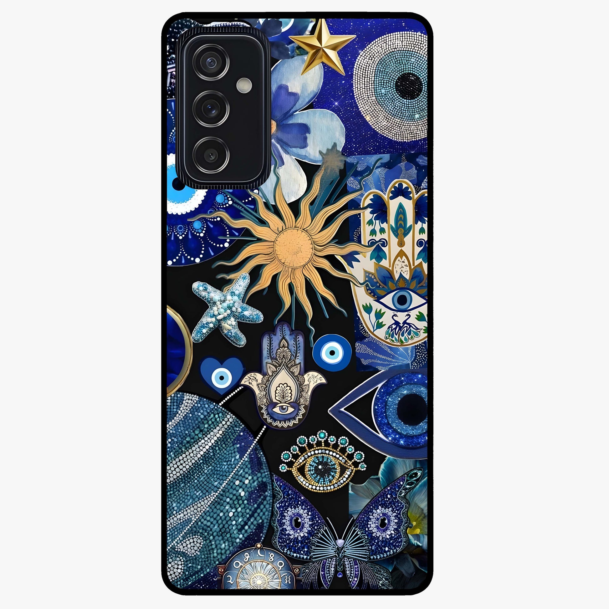 Evil Eye Charm Mix Glass Case showing flat back view with multiple evil eye charms artwork and glossy glass finish.
