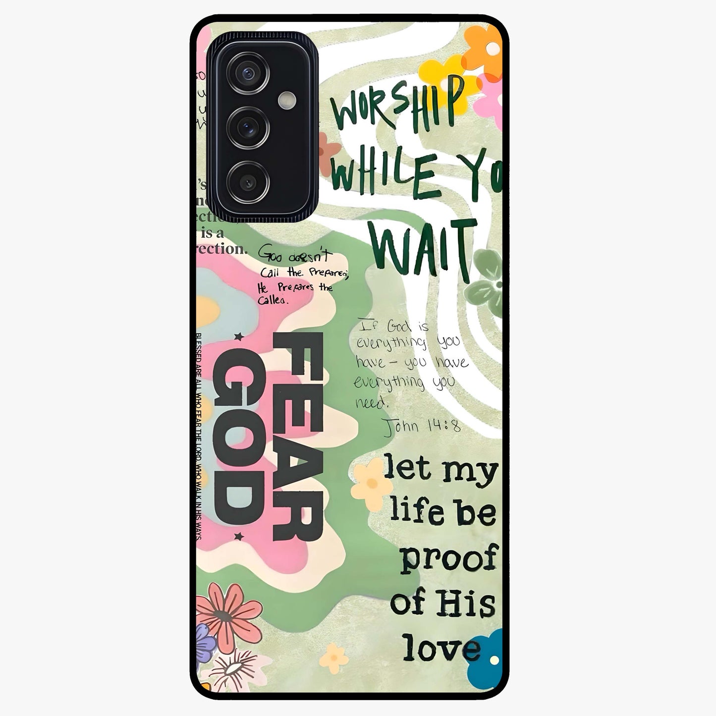 Faith Over Fear Glass Case showing flat back view with motivational typography artwork and glossy glass finish.