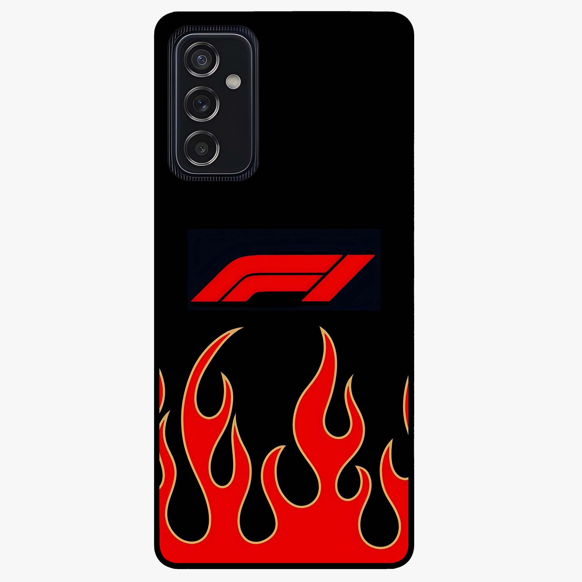 Fire F11 Glass Case showing flat back view with fiery themed artwork and glossy glass finish.