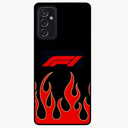 Fire F11 Glass Case showing flat back view with fiery themed artwork and glossy glass finish.