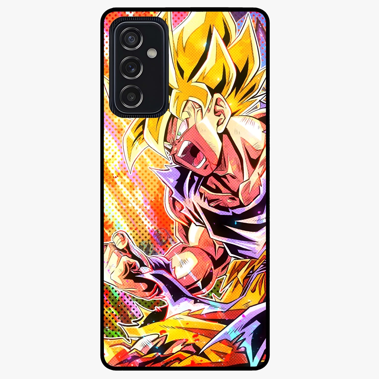 Firing Goku Glass Case showing flat back view with powerful anime inspired artwork and glossy glass finish.