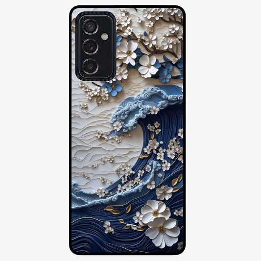 Floral Wave Origami Glass Case showing flat back view with origami inspired floral wave artwork and glossy glass finish.