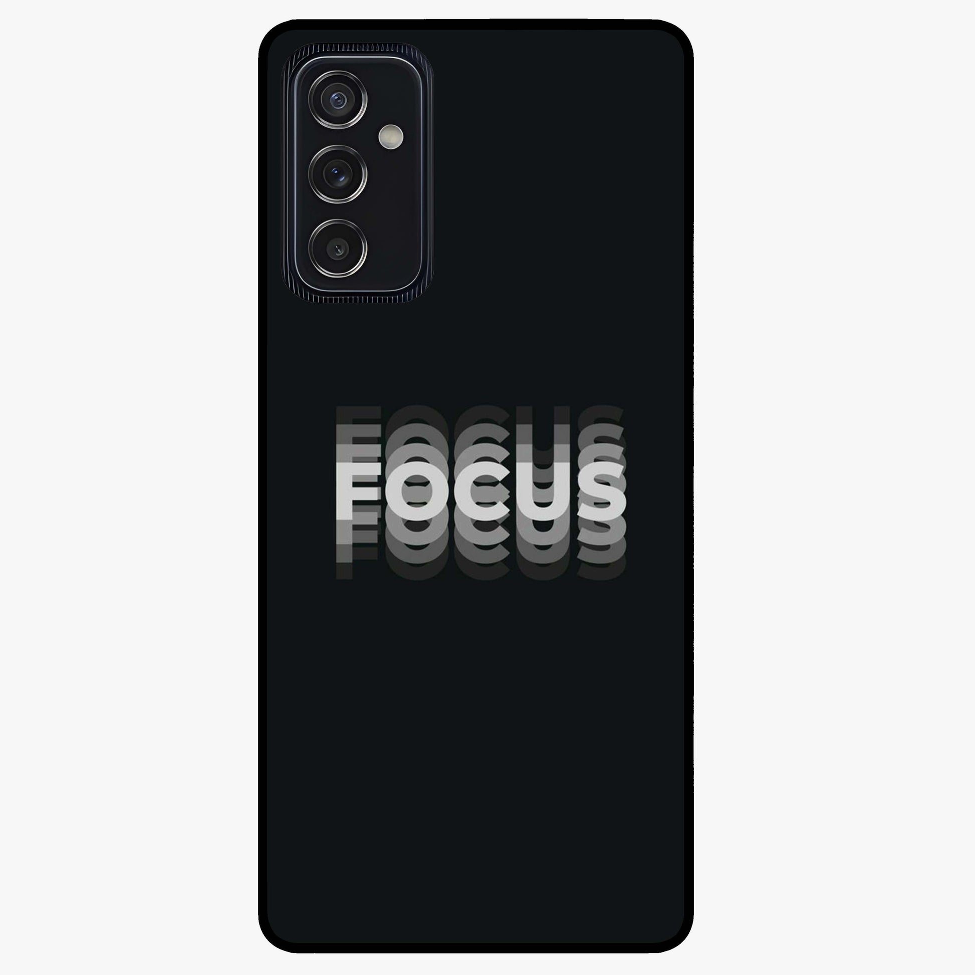 Focus Mode On Glass Case showing flat back view with bold motivational typography design and glossy glass finish.