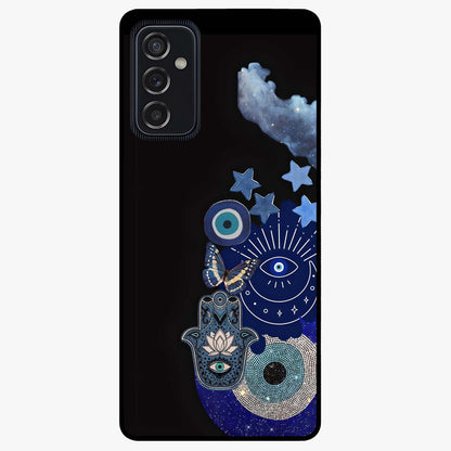 Galactic Charm Cluster Glass Case showing flat back view with glowing celestial charm artwork and glossy glass finish.