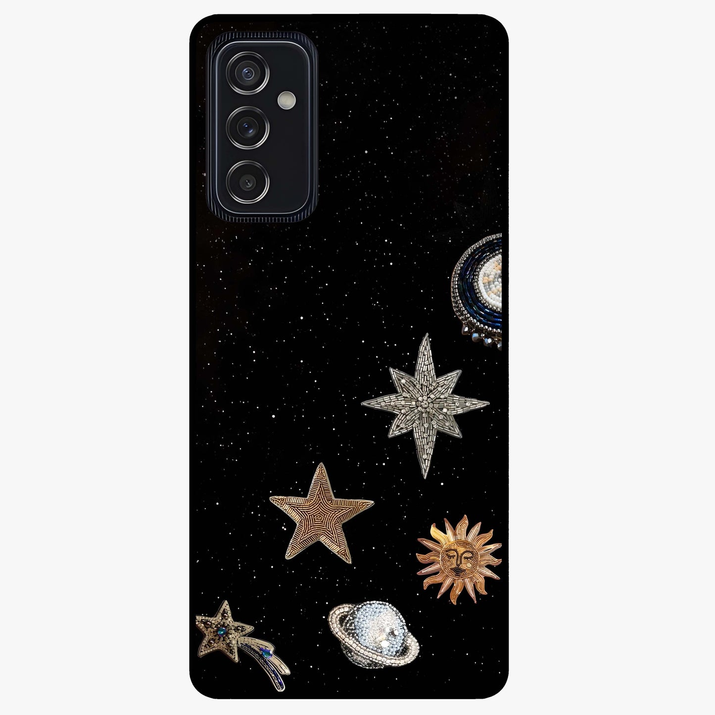 Galactic Charm Glow Glass Case showing flat back view with glowing celestial charm artwork and glossy glass finish.