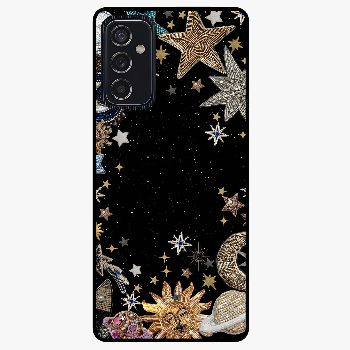Galactic Jewel Stars Glass Case showing flat back view with sparkling star jewel artwork and glossy glass finish.
