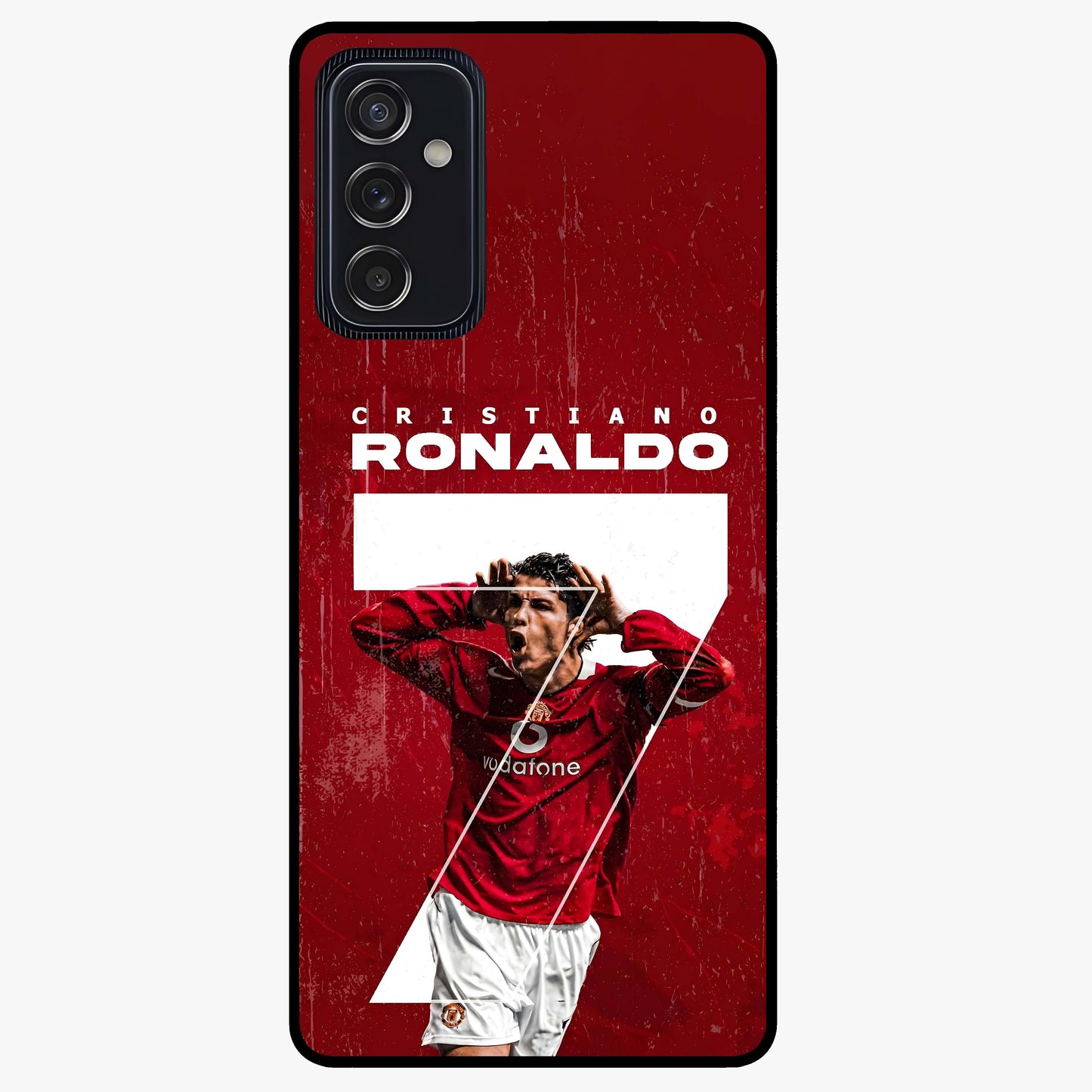 Goal Celebration Legacy Glass Case showing flat back view with football celebration inspired artwork and glossy glass finish.