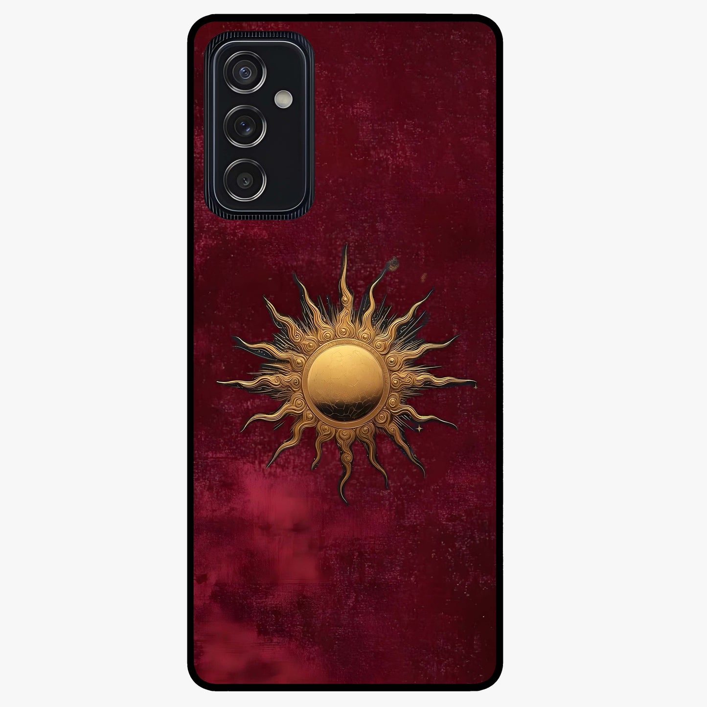 Gold Sun Blush Glass Case showing flat back view with golden sun inspired artwork and glossy glass finish.