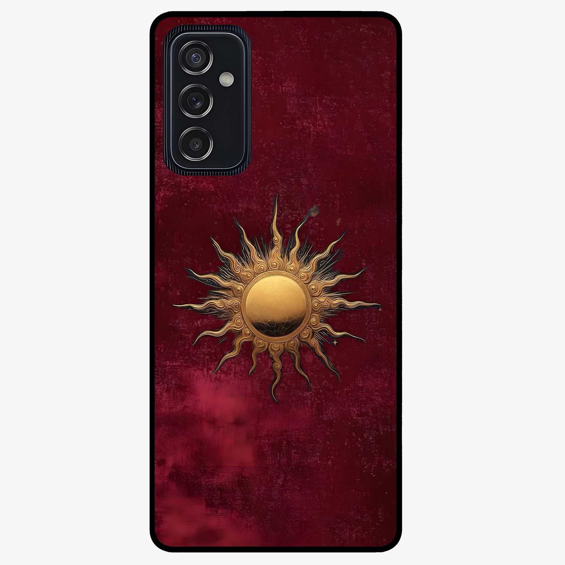 Gold Sun Blush Glass Case showing flat back view with golden sun inspired artwork and glossy glass finish.