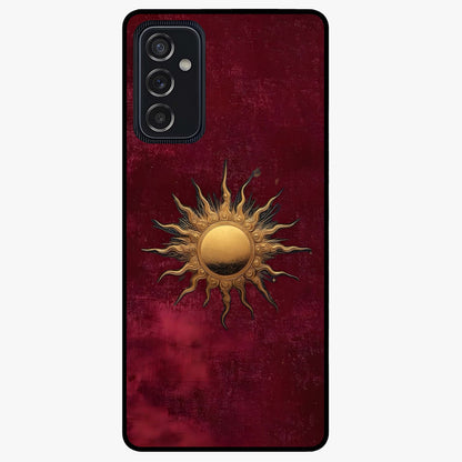 Gold Sun Blush Glass Case showing flat back view with golden sun inspired artwork and glossy glass finish.