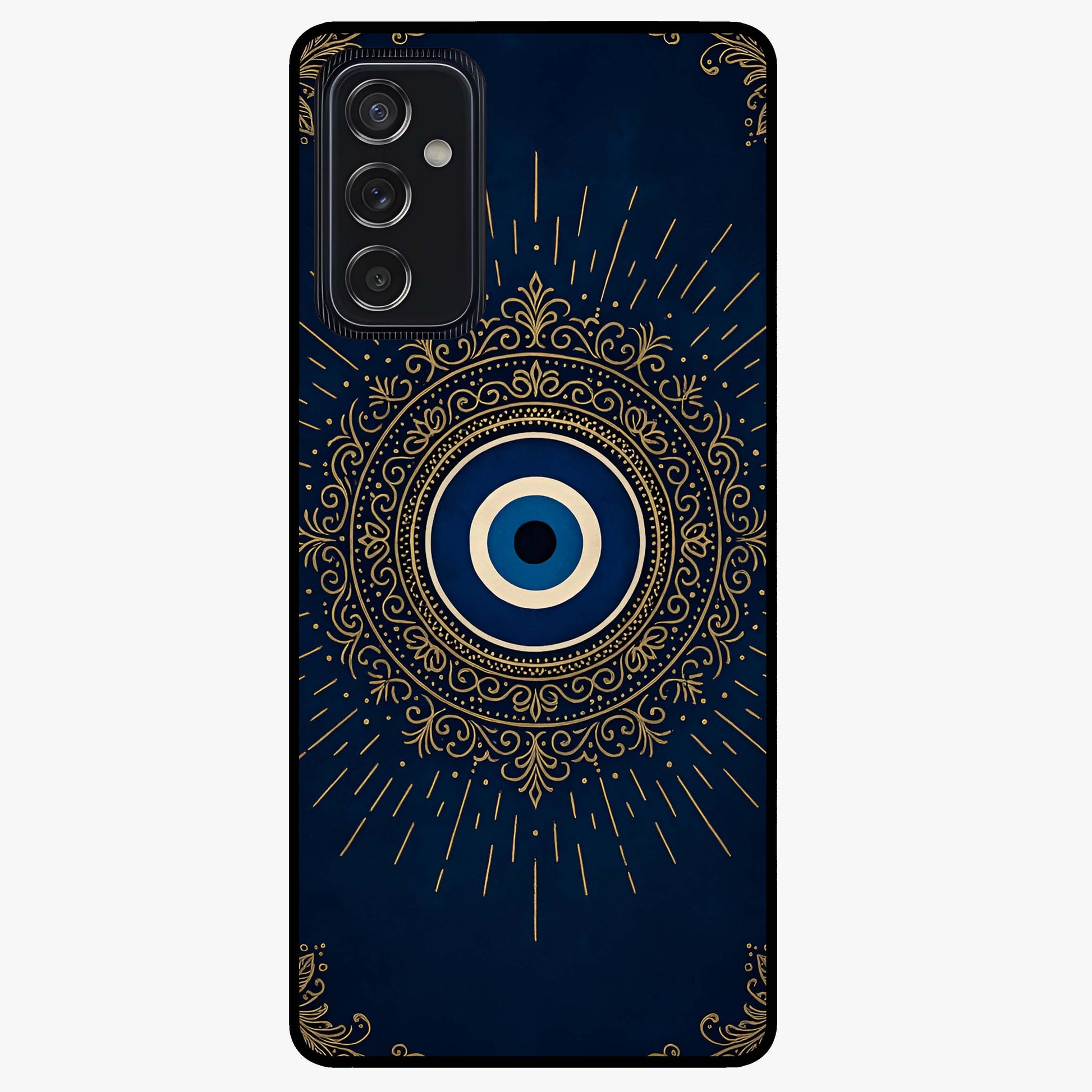 Golden Evil Eye Mandala Glass Case showing flat back view with intricate evil eye mandala artwork and glossy glass finish.