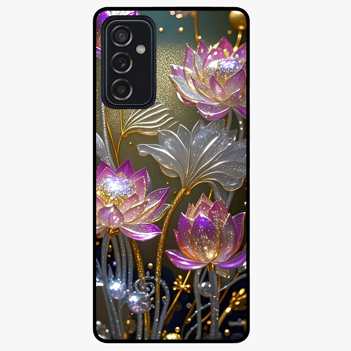 Golden Lotus Glow Glass Case showing flat back view with glowing lotus flower artwork and glossy glass finish.